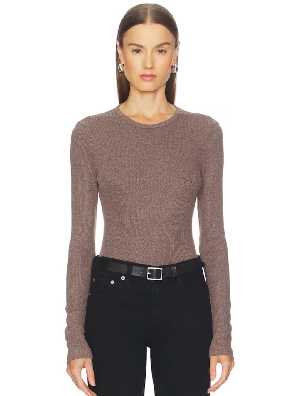 Agolde Ribbed Long-Sleeve Scoop Neck Top in Taupe